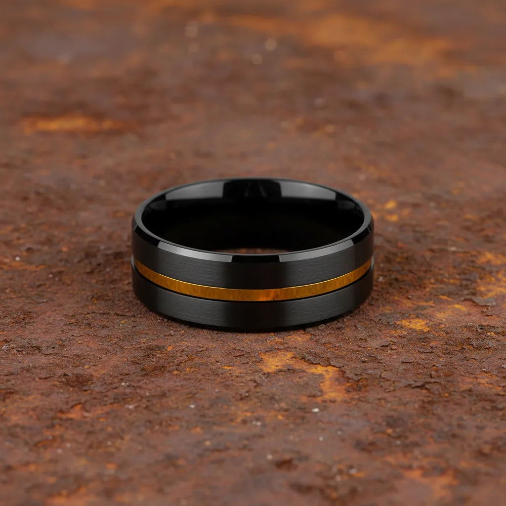 Obrączka Męska | Węglik Wolframu | Czarna Szczotkowana Stal z Złotym Rowkiem