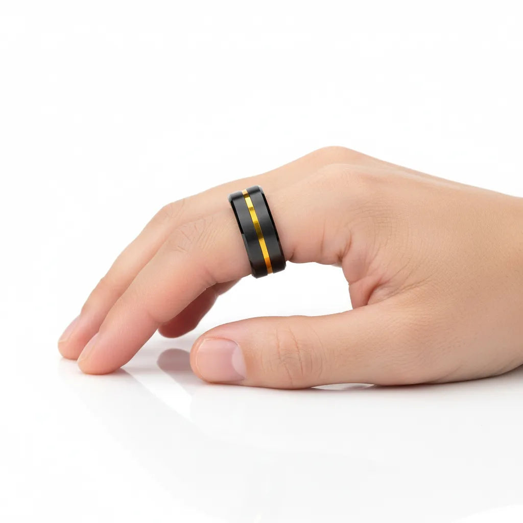 Obrączka Męska | Węglik Wolframu | Czarna Szczotkowana Stal z Złotym Rowkiem