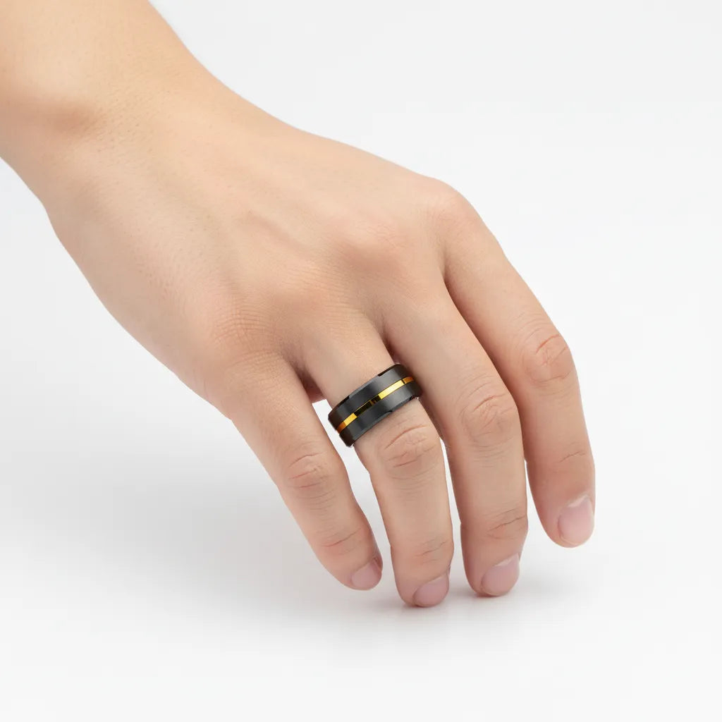 Obrączka Męska | Węglik Wolframu | Czarna Szczotkowana Stal z Złotym Rowkiem
