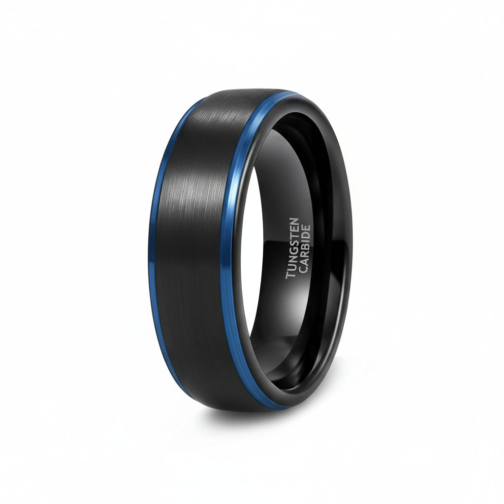 Obrączka Węglik Wolframu (Tungsten) | Czarny Szczotkowany z Niebieską Linią