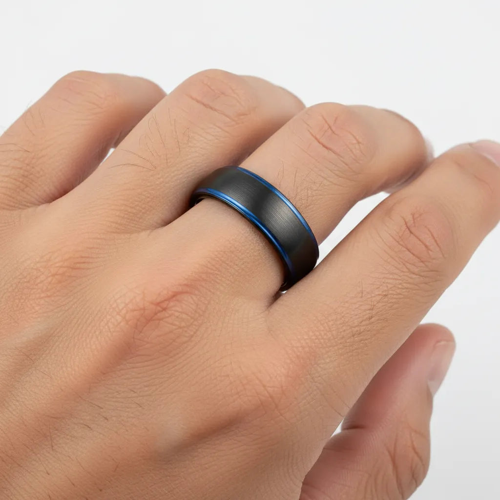 Obrączka Węglik Wolframu (Tungsten) | Czarny Szczotkowany z Niebieską Linią