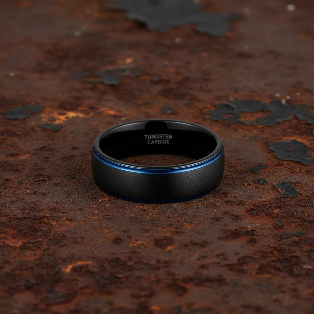 Obrączka Węglik Wolframu (Tungsten) | Czarny Szczotkowany z Niebieską Linią