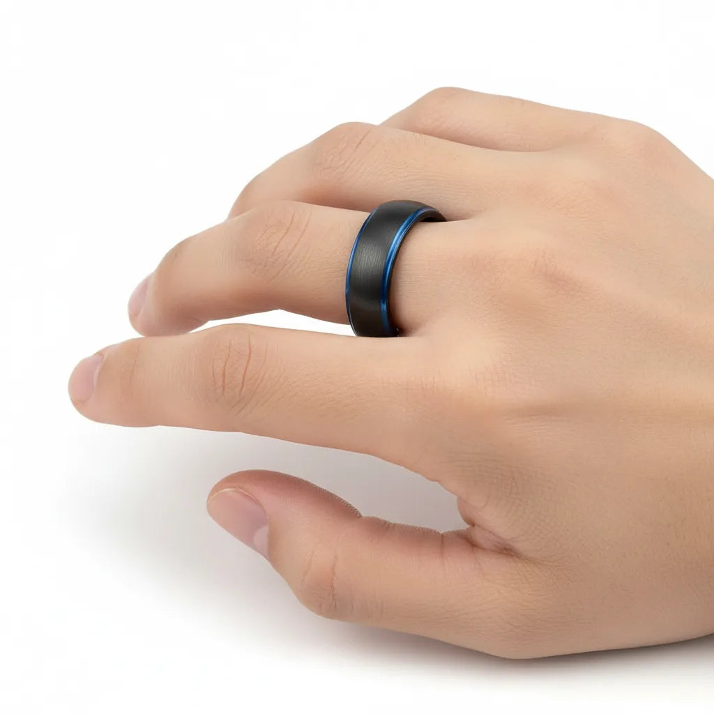 Obrączka Węglik Wolframu (Tungsten) | Czarny Szczotkowany z Niebieską Linią