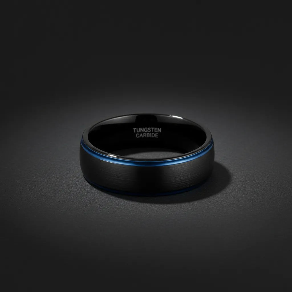Obrączka Węglik Wolframu (Tungsten) | Czarny Szczotkowany z Niebieską Linią