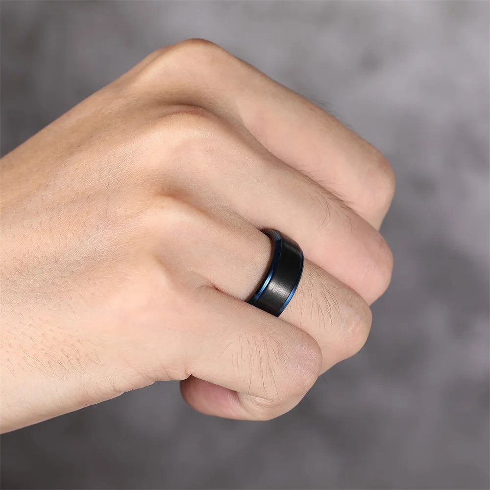 Obrączka Węglik Wolframu (Tungsten) | Czarny Szczotkowany z Niebieską Linią