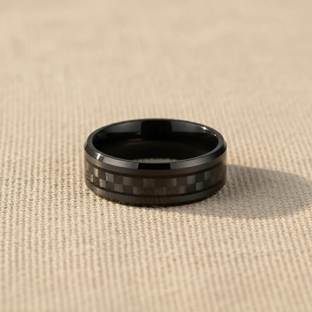 Obrączka/Pierścień Męski | Węglik Wolframu | Inkrustacja Włókno Węglowe