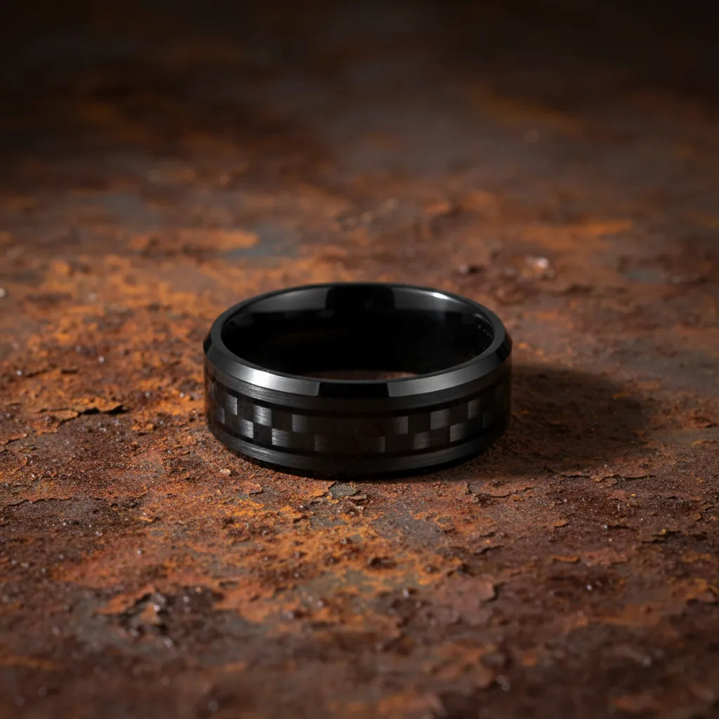 Obrączka/Pierścień Męski | Węglik Wolframu | Inkrustacja Włókno Węglowe
