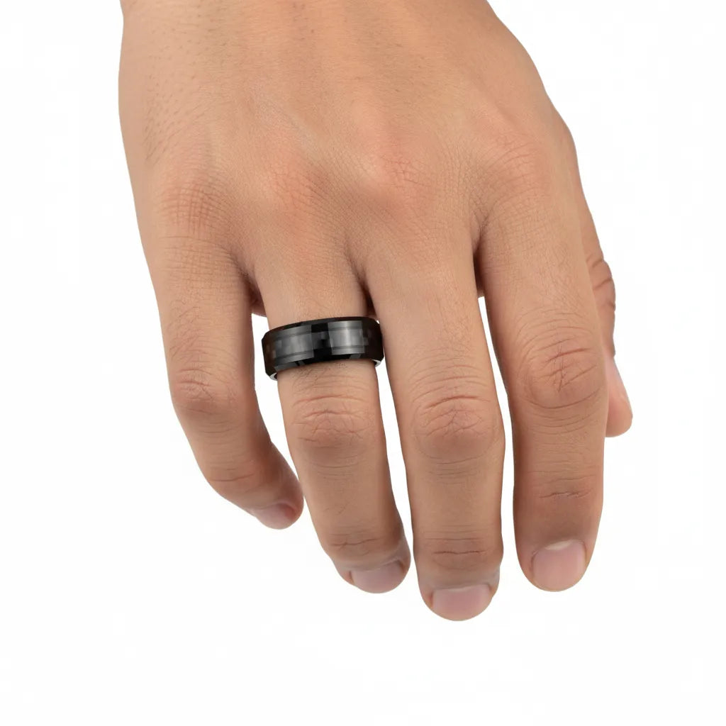 Obrączka/Pierścień Męski | Węglik Wolframu | Inkrustacja Włókno Węglowe