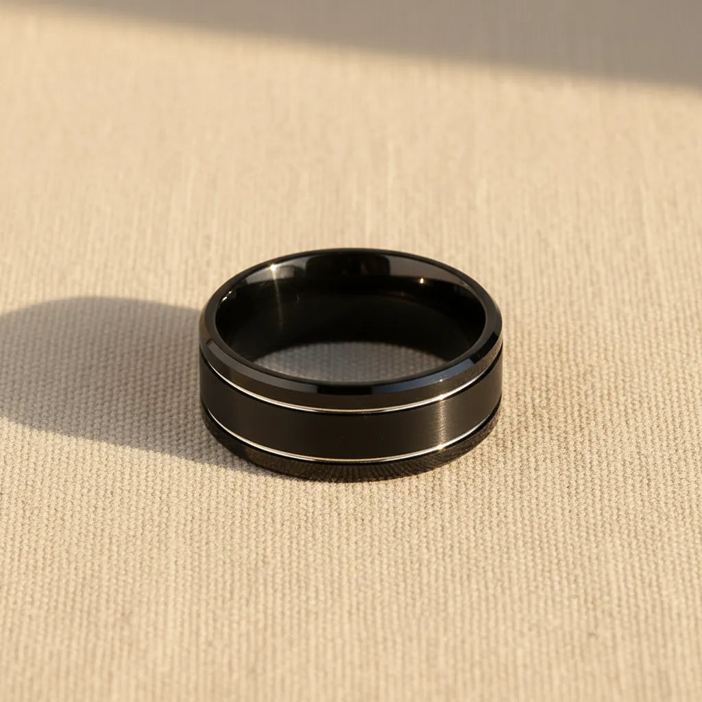 Męski Pierścień | Czarna Stal Nierdzewna | Podwójne Rowki