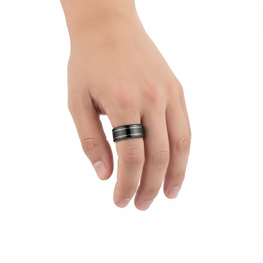 Męski Pierścień | Czarna Stal Nierdzewna | Podwójne Rowki