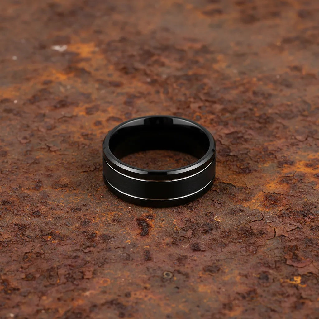 Męski Pierścień | Czarna Stal Nierdzewna | Podwójne Rowki