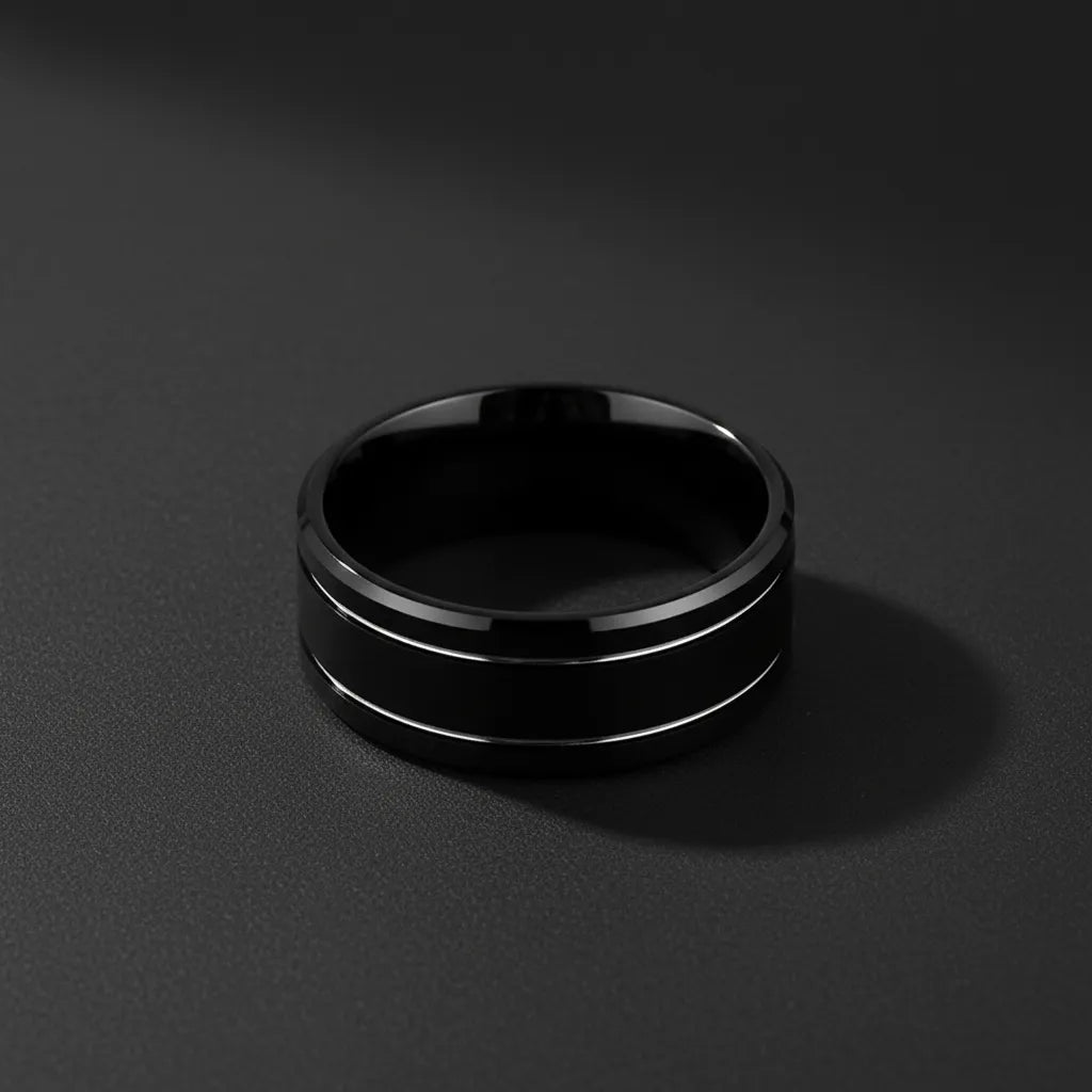 Męski Pierścień | Czarna Stal Nierdzewna | Podwójne Rowki