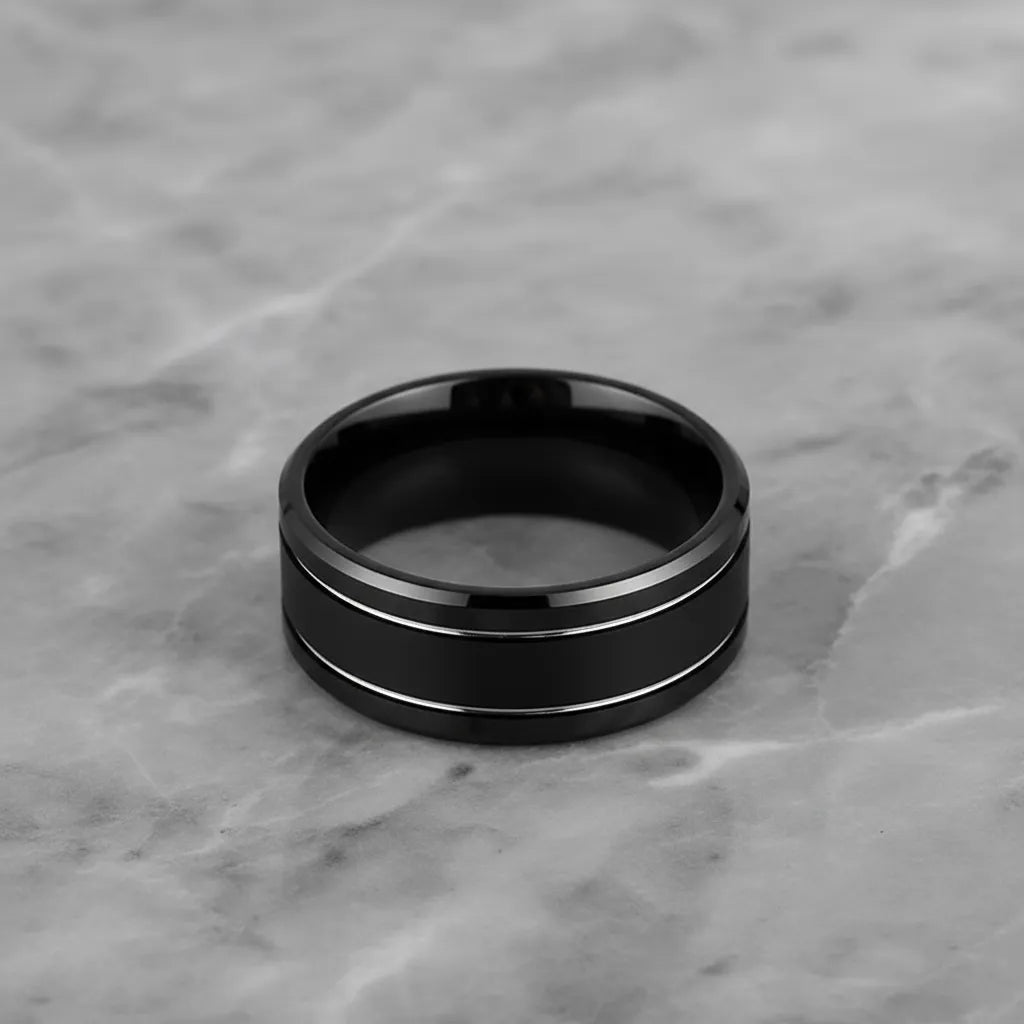 Męski Pierścień | Czarna Stal Nierdzewna | Podwójne Rowki