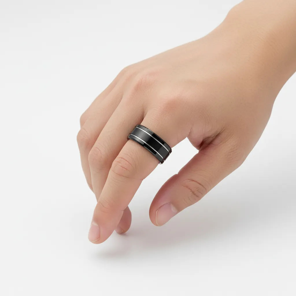 Męski Pierścień | Czarna Stal Nierdzewna | Podwójne Rowki