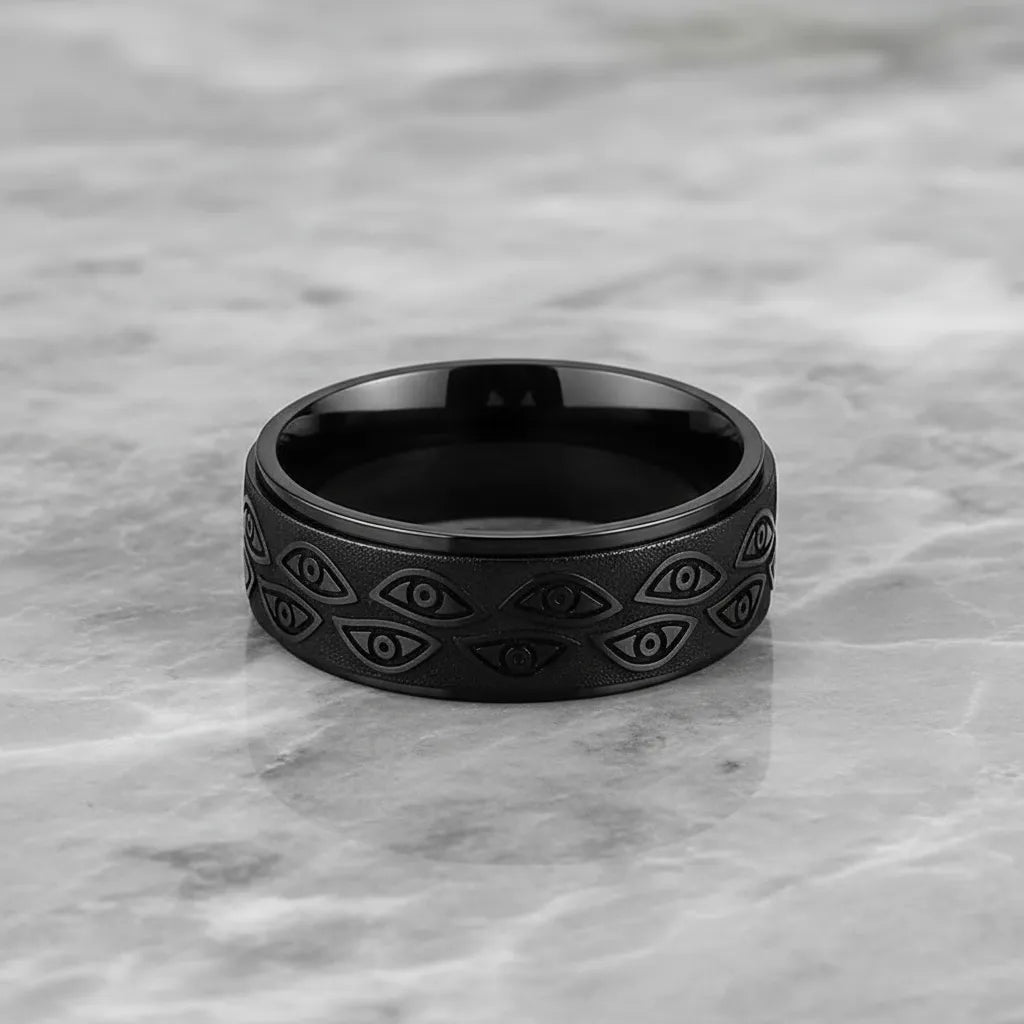 Pierścień Obrotowy Anti-Stress | Czarny Fidget Ring | Wzór "Złe Oko"