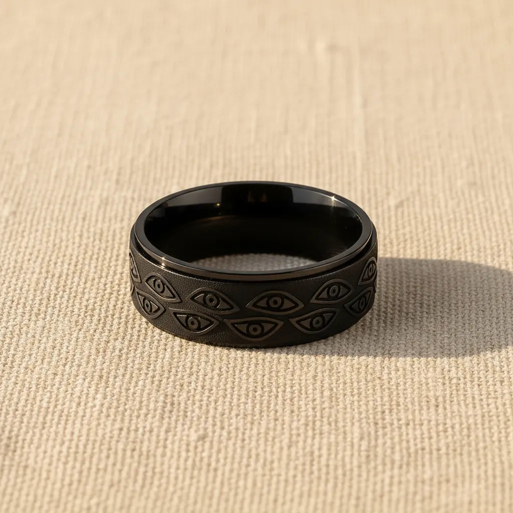 Pierścień Obrotowy Anti-Stress | Czarny Fidget Ring | Wzór "Złe Oko"