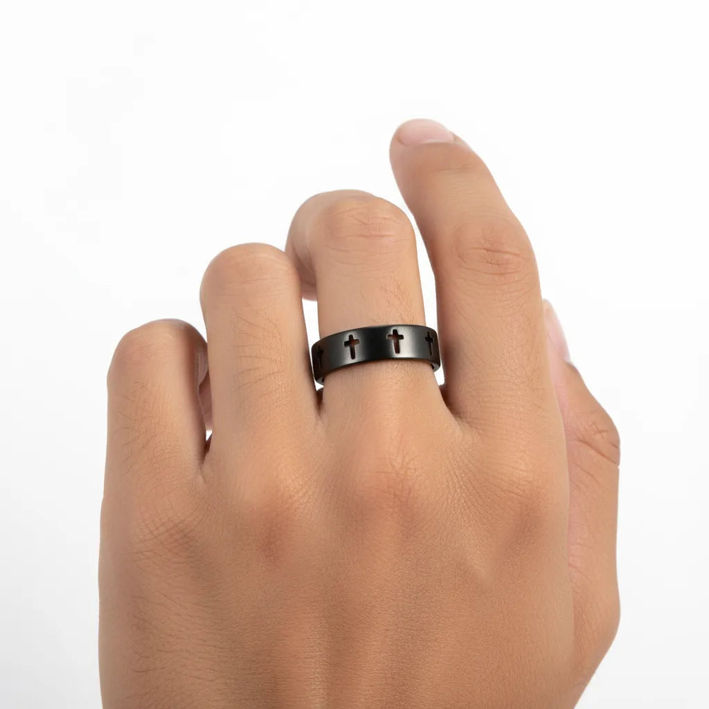 Pierścień Gotycki Krzyż | Czarna Stal Nierdzewna | Unisex